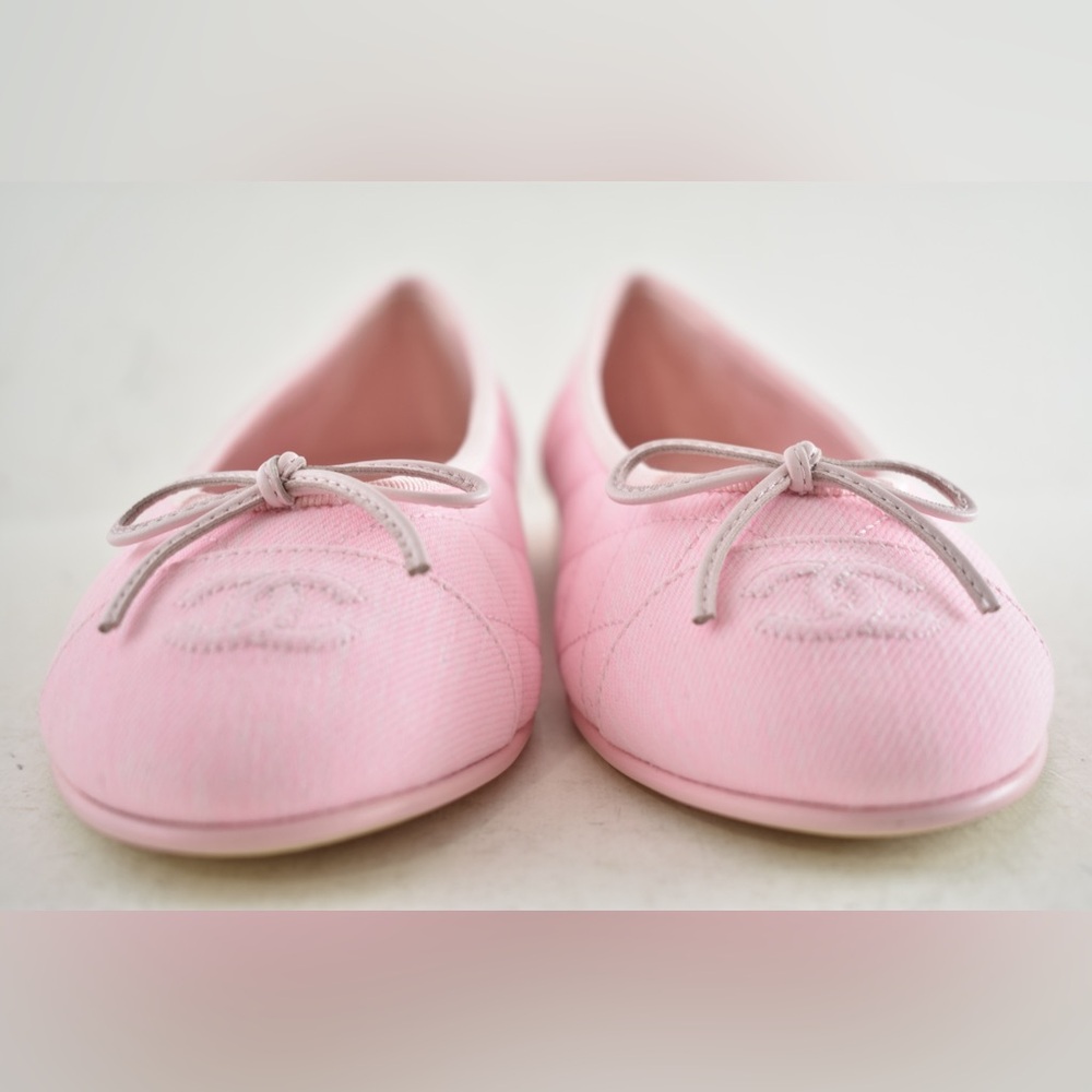 Chanel 26P Light Pink Denim Quilted CC Logo Bow Tie Ballet Ballerina Flat 39 - Picture 11 of 16